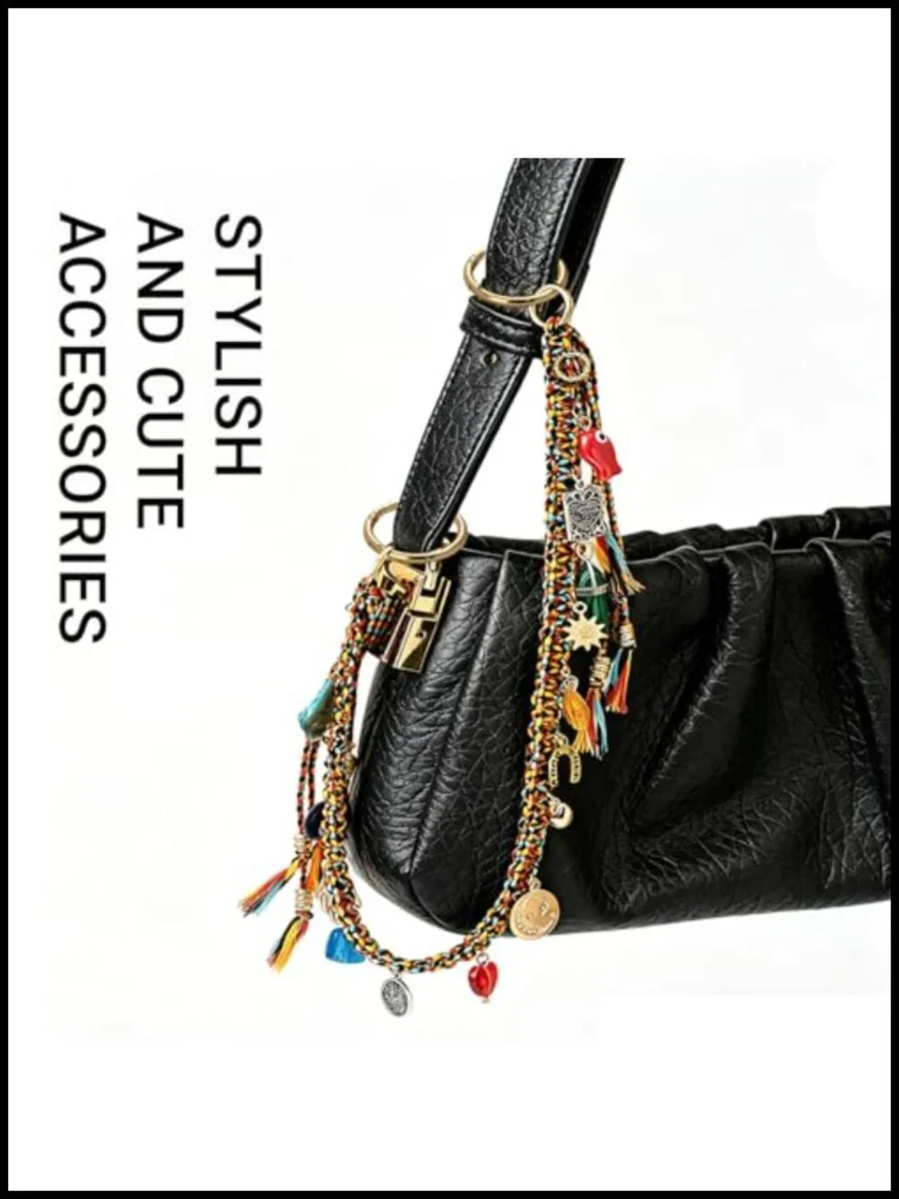 Braided Beaded Rope Keychain Purse Charm with 2 Spring Clips, Alloy Glass Woven